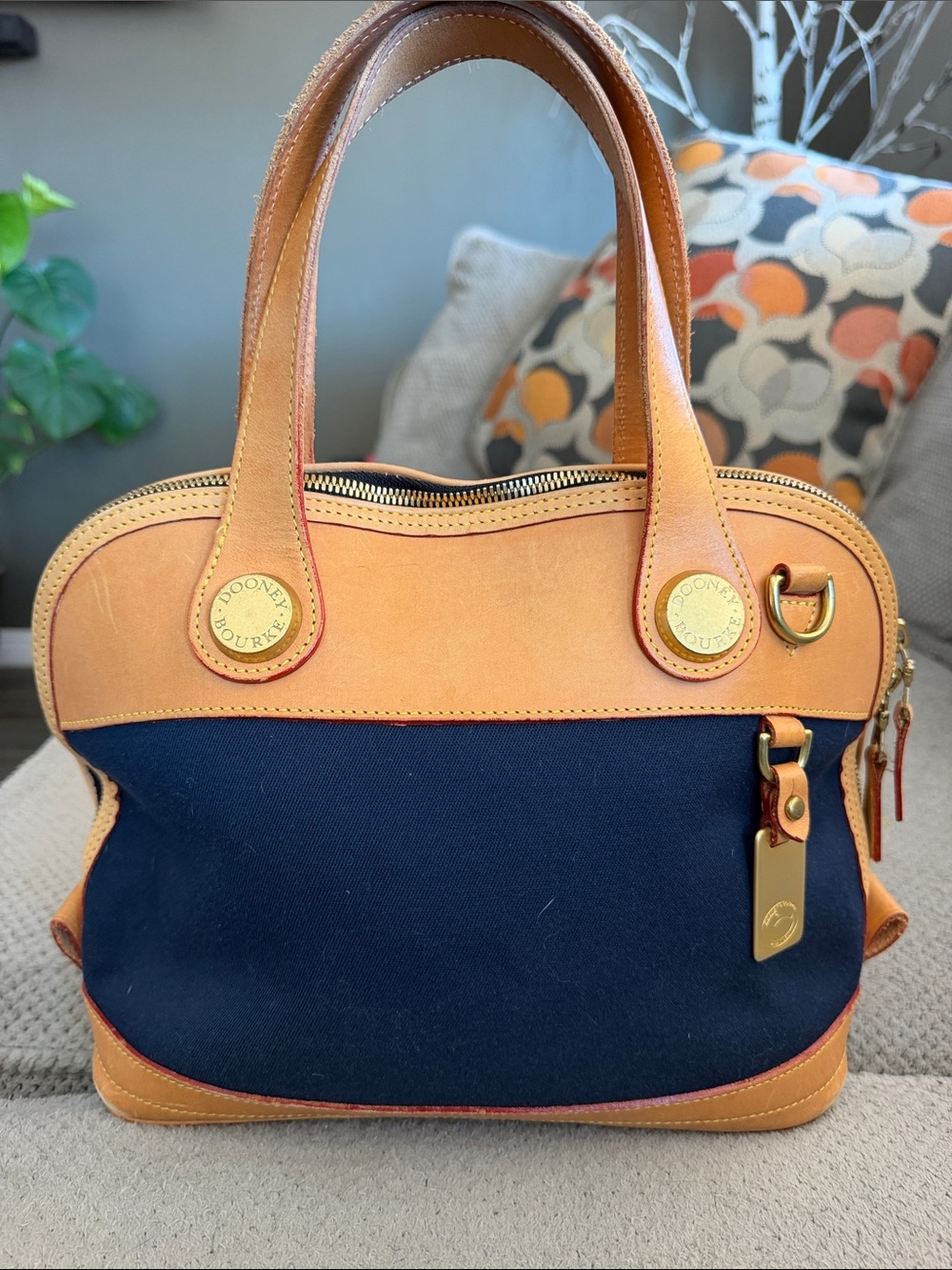 Dooney & Bourke Navy Canvas with Tan Leather Trim Satchel